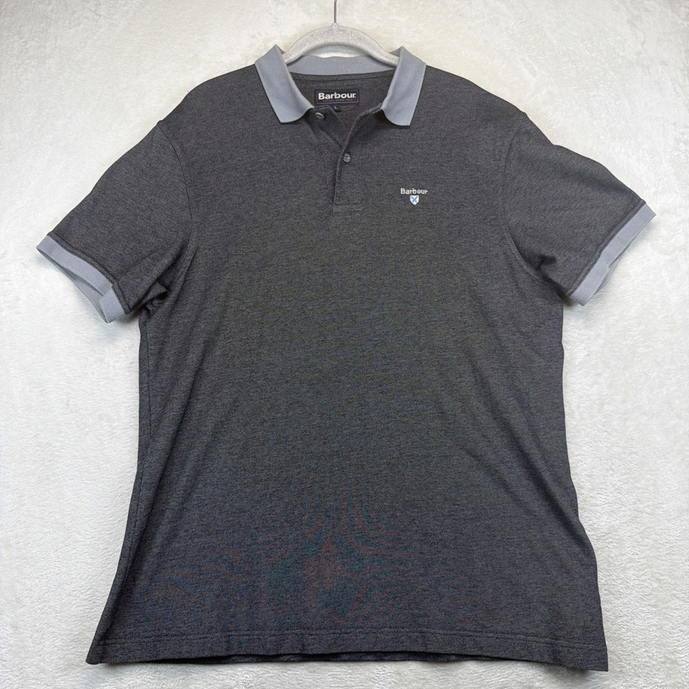 Barbour Men's Polo Shirt Large Gray Pique Contrast Collar Cuffs Logo Cotton